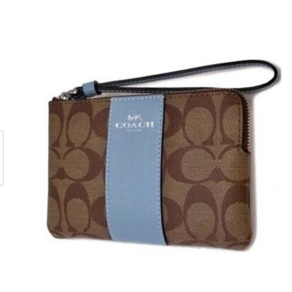 Coach Corner Zip Wristlet In Signature Canvas Khaki / Marble Blue - Picture 2 of 11